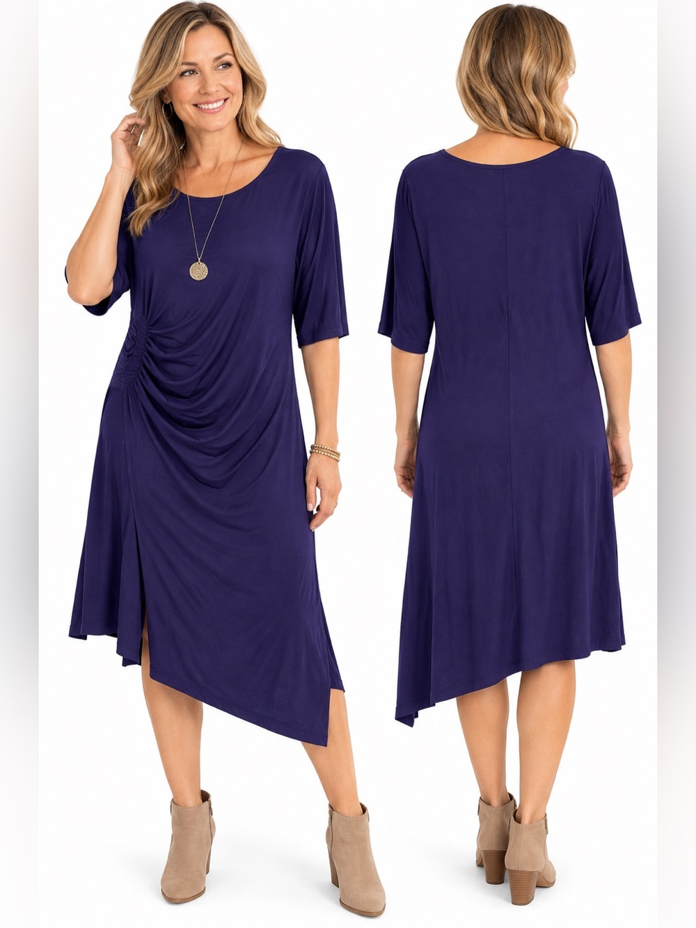 Cable & Gauge Navy Blue Ruched Asymmetrical Dress Size M NWT